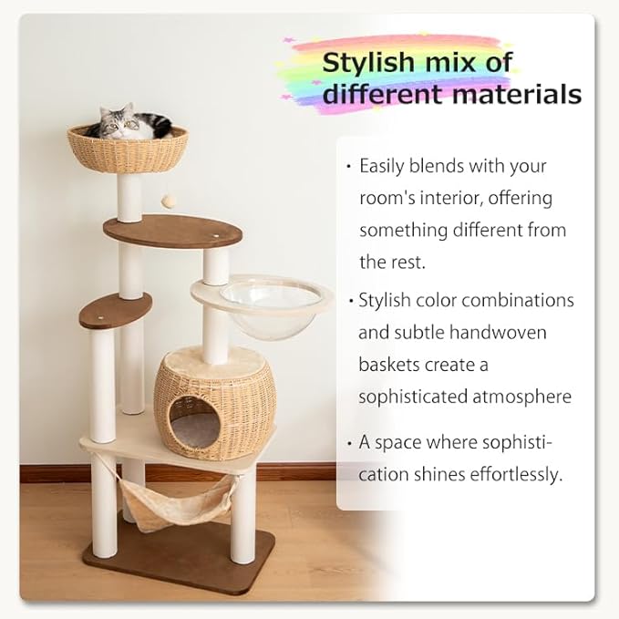 56.6in Large Wooden cat Tower for Large Multiple Cats,cat Tree with Observation Deck, Suitable for Summer and Winter 144CM (Particleboard)-PawvioPets