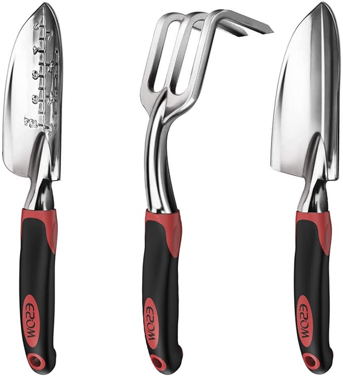 ESOW Garden Tool Set with Non-Slip Rubber Handle, 3 Piece Cast-Aluminum Heavy Duty Gardening Kit Includes Hand Trowel, Transplant Trowel and Cultivator Hand Rake, Red-PawvioPets