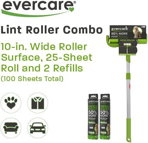 Evercare Pet Mega Lint Roller Value Pack with Two 50-Sheet Refills - Includes Refillable Lint Roller, Adhesive Sheets, Versatile Cleaning Uses, Home and On-The-Go Use, Extendable Handle-PawvioPets
