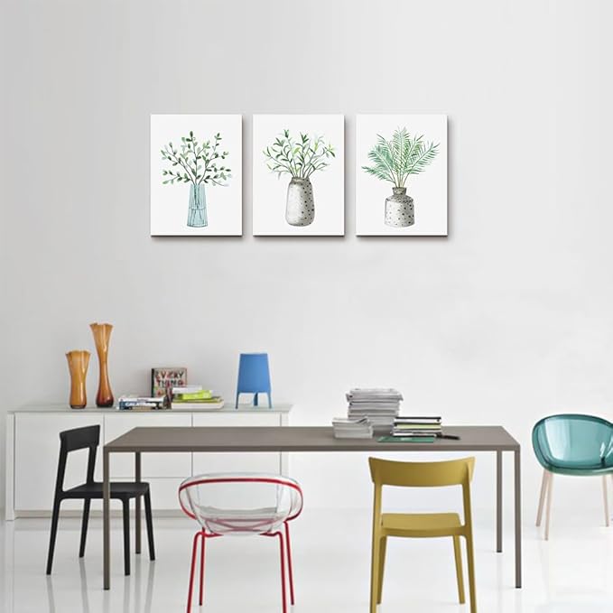 AHUASJART Canvas Wall Art Paintings For Kitchen Dining Room Large Size Wall Decor Living Room Wall Decoration For Bedroom Office Decor Green Leaf Vase Wall Pictures Artwork For Home Walls 3 Piece-PawvioPets