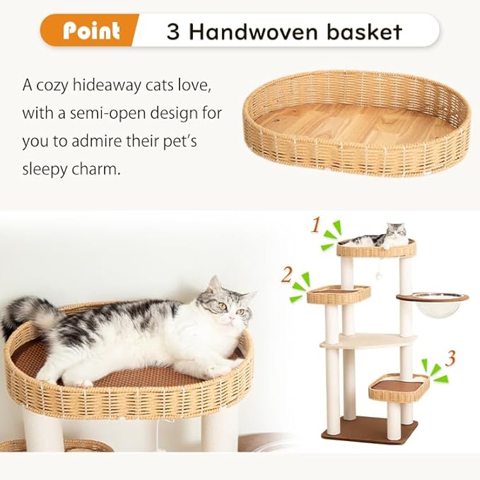 48'' Cat Tree for Large Cats, Modern Cat Tree Multi-Level Condo with Natural Wood, Cat Activity Centre for Medium and Big Pets (White LS02)-PawvioPets