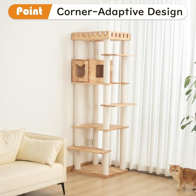 74" Wooden Cat Tree Tower for Large Cats, Multi-Level Cat Climbing Furniture with Scratching Posts, Cat Condo & Hammock, Natural Wood Cat Activity Center (White)-PawvioPets