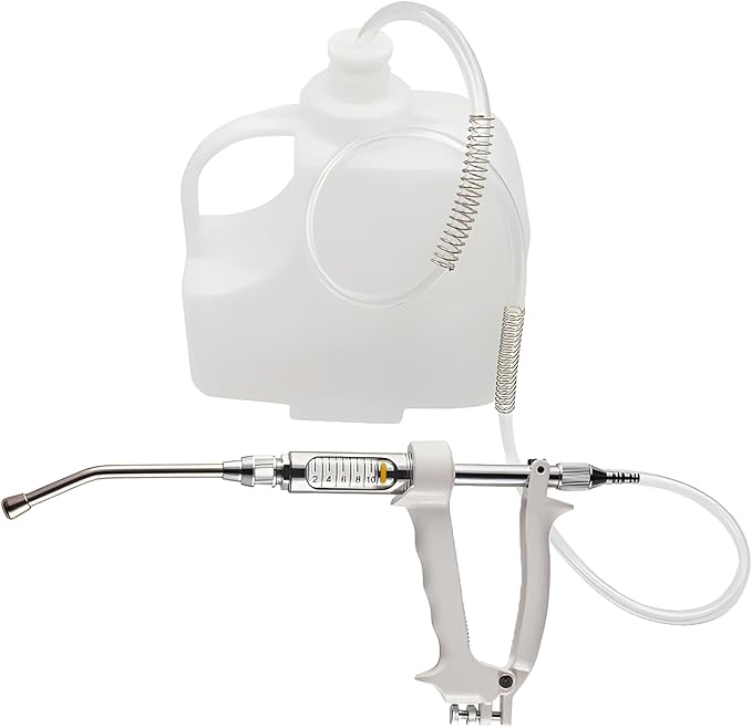 10ML Veterinary Metal Feeding Gun, Continuous Drench Gun Dosing Device Veterinary Adjustable Medicine Dispenser Husbandry Autonomous Feeding Tool, for Pig Cow, Sheep, Horse (White Color, 10ML+Kettle)-PawvioPets