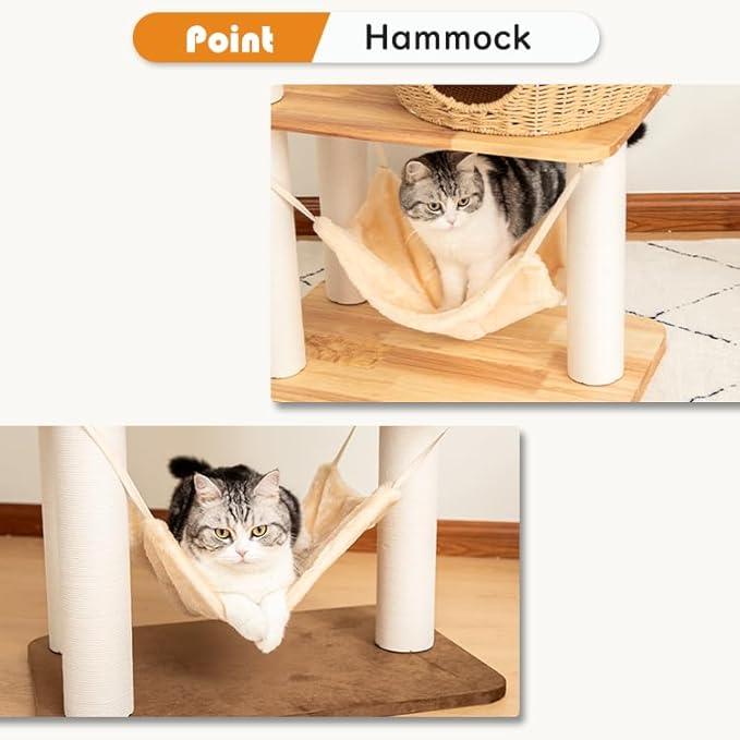 57'' Cat Tower for Large Cats, Manual Hand Woven Modern Multi-Level Condo with Natural Wood, Cat Activity Centre for Medium and Big Pets-PawvioPets