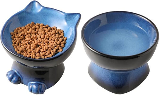 Nihow Elevated Cat/Dog Bowls Set : 6.2 Inch Ceramic Raised Cat Food & Water Bowl Set for Protecting Pet's Spine - Feeding & Watering Supplies for Cat/Small Size Dog - Elegant Blue & Black (2 PC)-PawvioPets