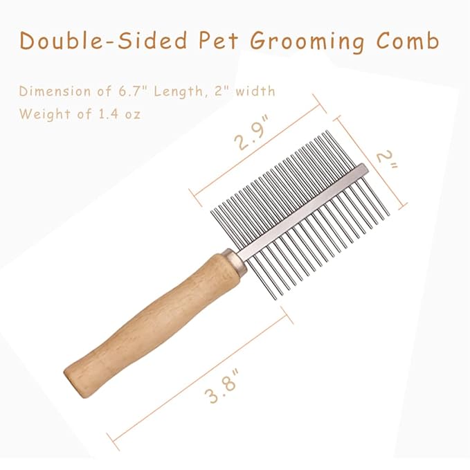 Dog Cat Pet Comb Double-Sided Grooming Brush Metal Comb for Loosening up Removing Mats Debris Tangles and Knots Wooden Handle Stainless Steel Tooth Perfect for Honghair Pets-PawvioPets