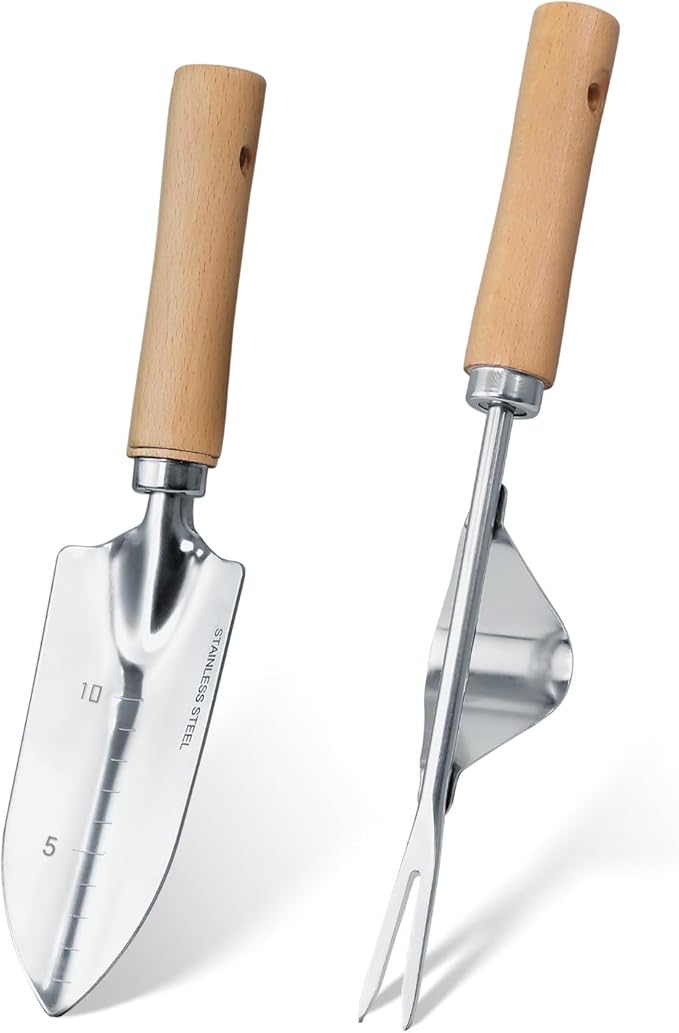 Garden Tool Set, 2 Pieces Stainless Steel Heavy Duty Garden Tools, Garden Kit with Ergonomic Wooden Handle, Durable Garden Tools for Gardening, Gardening Gifts for Women-PawvioPets