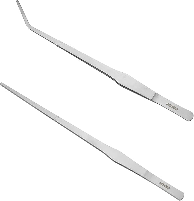 Aquarium Tweezers Extra Long 15 inches Feed Tong clamps - FEITA Straight and Curved Stainless Steel 38cm Tweezers Set for Fish Tank Plants Aquascape Tools & Reptile Feeding Tongs - Sliver 2Pcs-PawvioPets