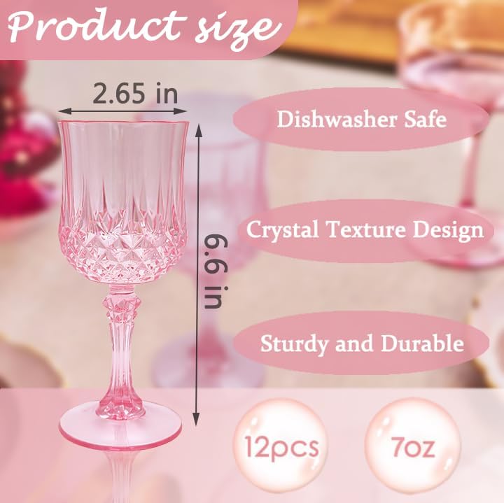 Plastic Wine Glasses，Plastic Goblets Vintage Style Cordial Drinking Glasses for Wedding Reception, Grand Event Party Supplies (12, Pink)