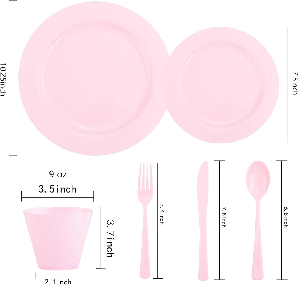 KIRE 150 Pieces Pink Plastic Plates Disposable - Pink Dinnerware Set Include 25 Dinner & 25 Salad Plates 25Forks 25Knives 25Spoons 25 Cups for Baby Shower/Bridal Shower