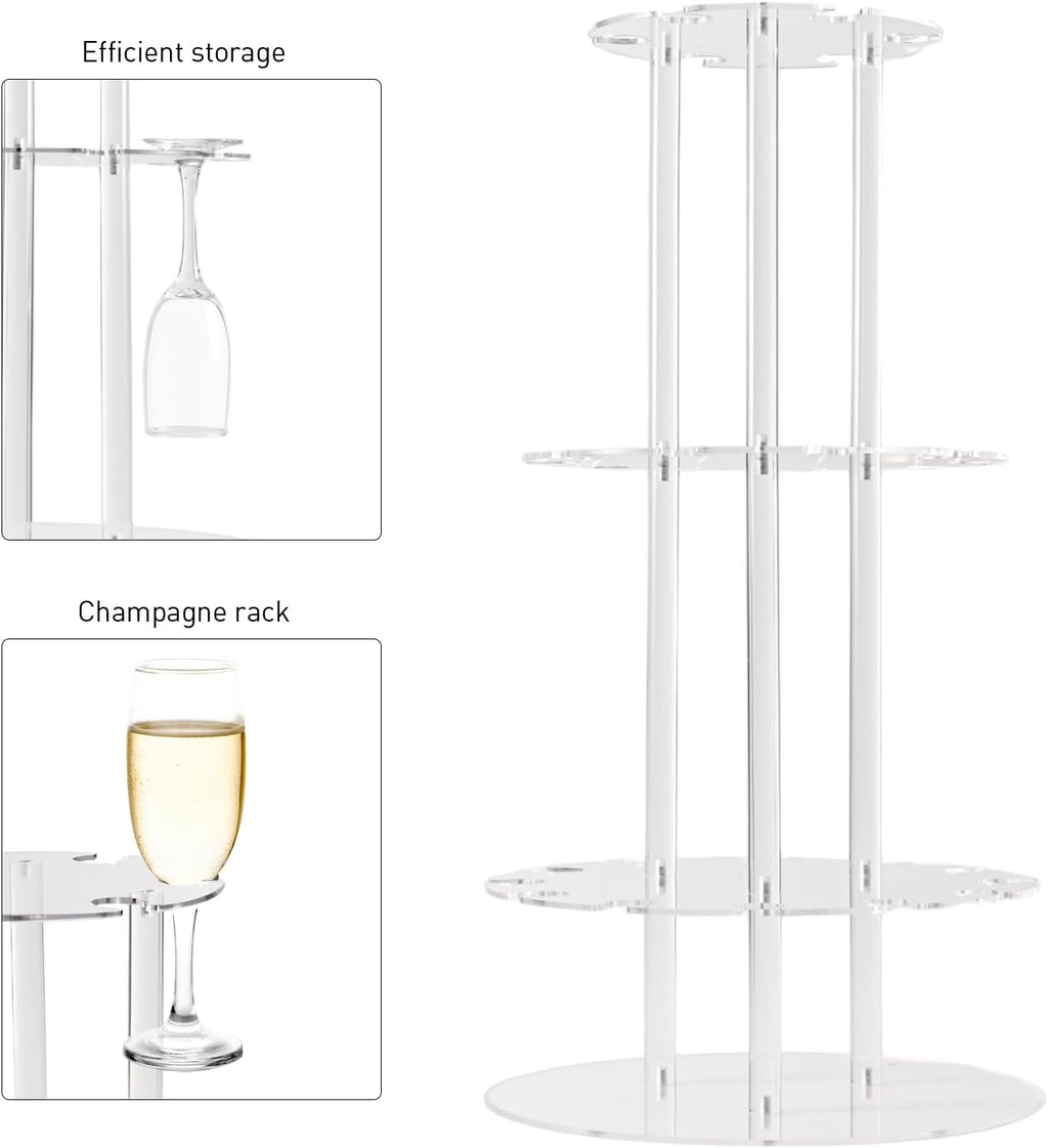 Champagne Tower, Circle Acrylic Champagne Display Rack Stand with 28 Slots, 3 Tier Floating Sight Champagne Flute Holder for Party, Wedding, School, Celebration, 13.4x13.4x25.5 inch, 2Pcs