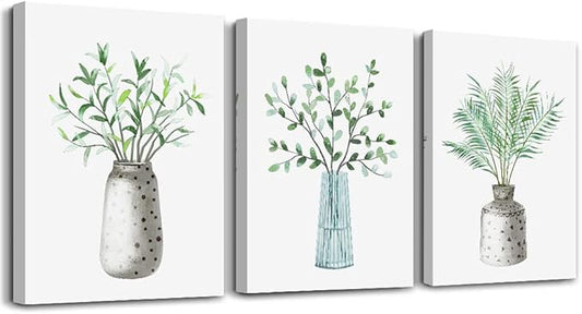 AHUASJART Canvas Wall Art Paintings For Kitchen Dining Room Large Size Wall Decor Living Room Wall Decoration For Bedroom Office Decor Green Leaf Vase Wall Pictures Artwork For Home Walls 3 Piece-PawvioPets