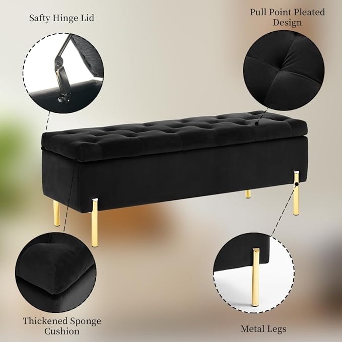 45.6 Inch Velvet Storage Ottoman, Rectangular Accent Bench for Bedroom & Living Room, Black-PawvioPets