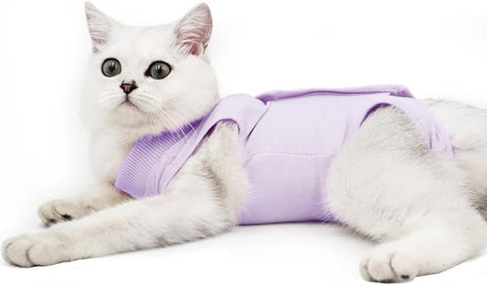 DOTON Cat Recovery Suit for Male and Female Surgical Post Surgery Soft Cone Onesie Shirt Clothes Neuter Licking Protective Diapers Outfit Cover Kitten Spay Collar(L, Purple)-PawvioPets
