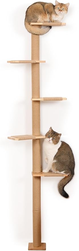 5 Tier Floor to Ceiling Cat Tree Tower with Wall-Mounted Scratching Post, Playful Wall Climbing Shelves for Cats, Ideal for Kittens to Climb, Scratch, and Lookout, Wild Simulation Design-PawvioPets