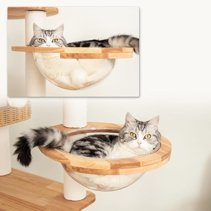 48'' Cat Tree for Large Cats, Modern Cat Tree Multi-Level Condo with Natural Wood, Cat Activity Centre for Medium and Big Pets (White LS02)-PawvioPets