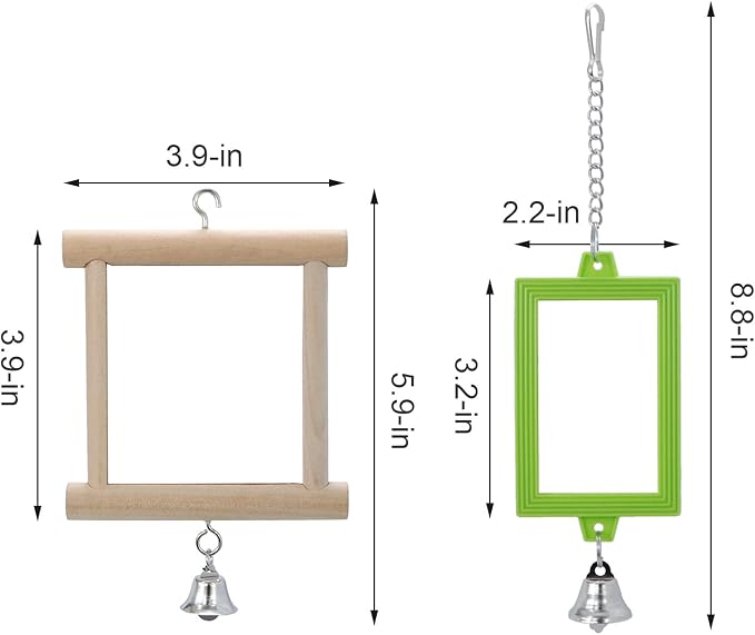 4 PCS Bird Mirror with Bell Parrot Hanging Interactive Playing Toy for Cockatiel Parakeets Canaries Budgie Cage Accessories-PawvioPets