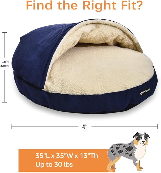 Amazon Basics Pet Cave Bed for Dog, With Removal Nesting Cave Cover, Fits up to 30lbs Pets, 35 x 35 x 13 inches, Blue-PawvioPets