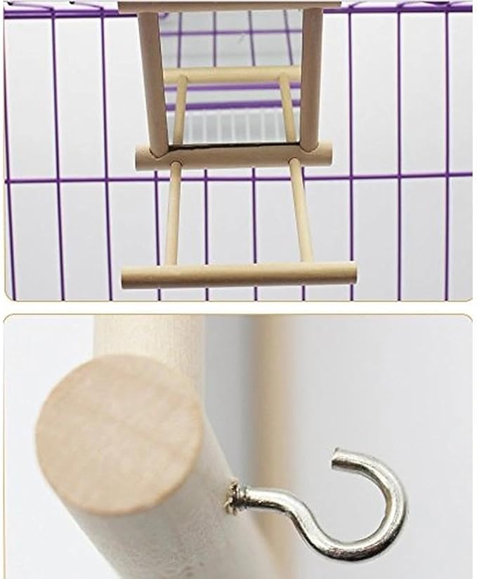 Bird Mirror with Swing and Perch for Parakeets Cockatiels Lovebirds Finches - Wooden Interactive Hanging Cage Toy, 3.7 x 3.5 x 3.5 Inch, 1 Pack-PawvioPets