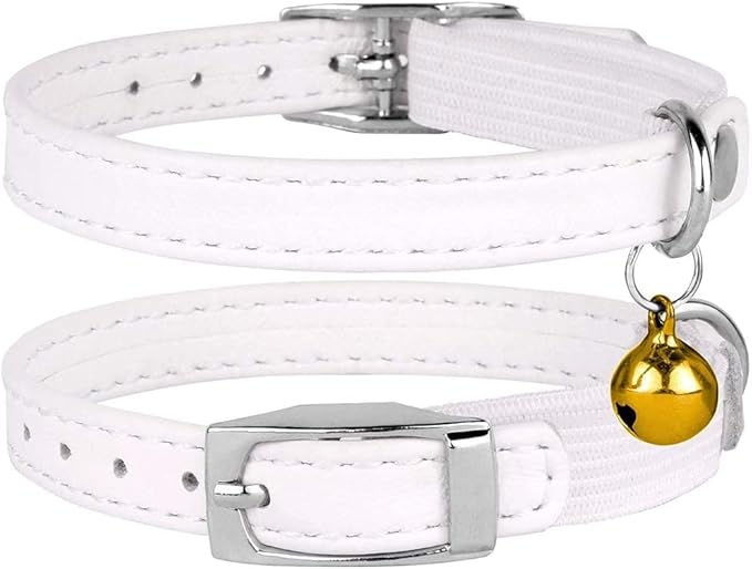 CollarDirect Leather Cat Collar, Cat Safety Collar with Elastic Strap, Kitten Collar with Bell Black Blue Red Orange Lime Green (8-11 Inch, White)-PawvioPets