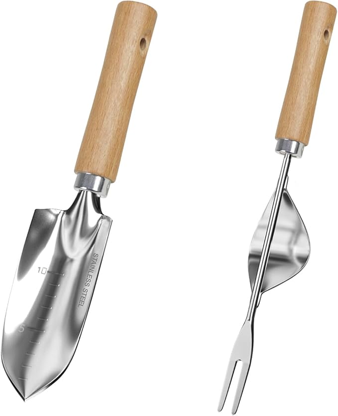 Garden Tool Set, 2 Pieces Stainless Steel Heavy Duty Garden Tools, Garden Kit with Ergonomic Wooden Handle, Durable Garden Tools for Gardening, Gardening Gifts for Women-PawvioPets