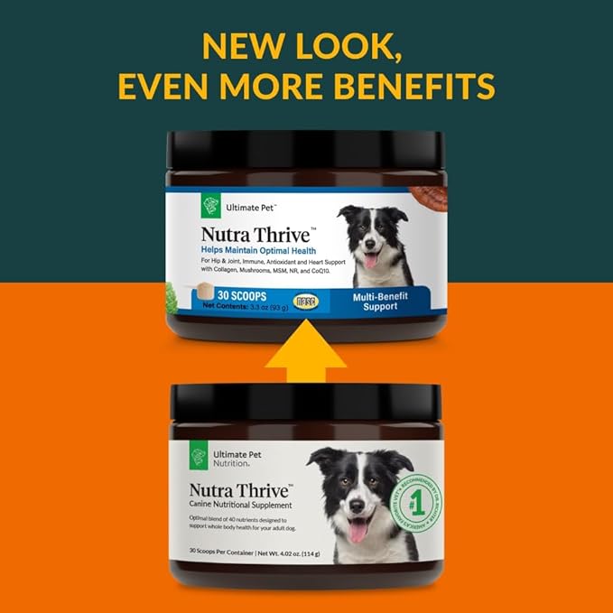 Ultimate Pet Nutrition Nutra Thrive Canine, 40-in-1 Nutritional Powder Supplement for Dogs with Digestion and Immune Support, Vitamins, Minerals, Probiotics, Enzymes, 30 Scoops-PawvioPets