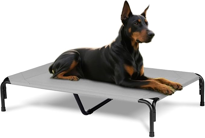 Elevated Dog Bed for Outdoor, XXXL Raised Dogs Cot with Washable Mesh, Cooling Pet Beds Chew Proof Dog Hammock, Metal Frame Lifted Platform for Training Outside Camping, 59 inch Grey-PawvioPets