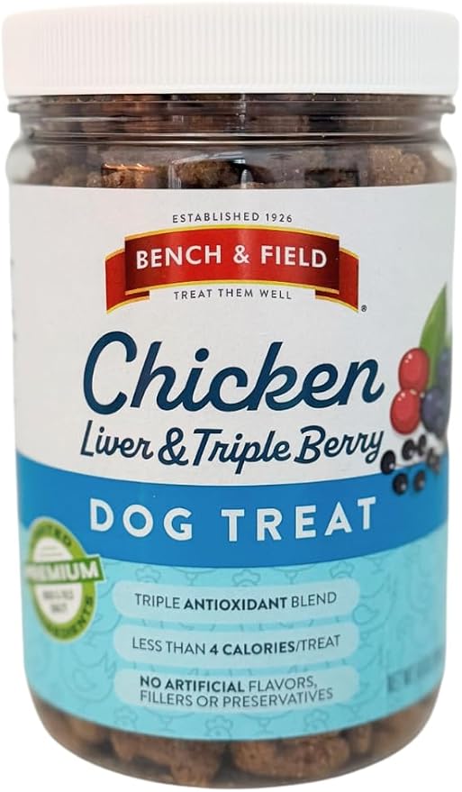 Bench & Field Holistic Natural Chicken Liver & Triple Berry Dog Treats | Crunchy Bone-Shaped Bites | Antioxidant Blend, 10-Ounce Bottle-PawvioPets