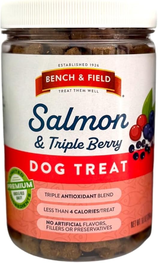 Bench & Field Holistic Natural Salmon & Triple Berry Dog Treats | Crunchy Bone-Shaped Bites | Antioxidant Blend, 10-Ounce Bottle-PawvioPets