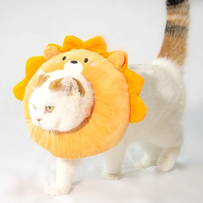 Adjustable Cat Recovery Collar Soft,Cute Pet E-Collar Neck Cone After Surgery Wound Healing Protective Cone Fit for Kitties, Small Dogs(ELC05-lion-l)-PawvioPets