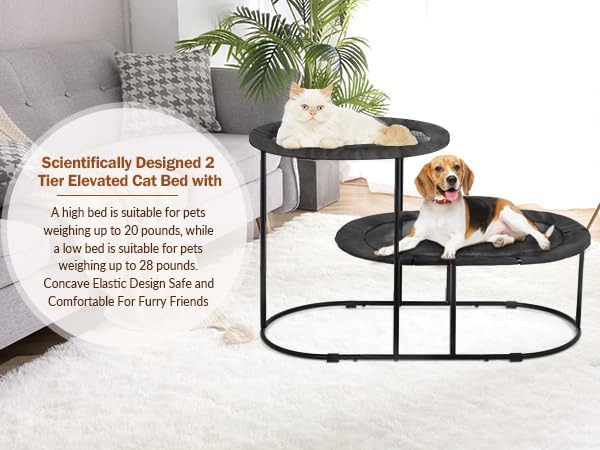 Defined Deco 2 Tier Elevated Cat Hammock Bed, Furniture Cat Bed Breathable Comfortable, Raised Cool Ca t Hammock for Indoor Cats, with Removable Mesh and Steel Frame for Summer-PawvioPets