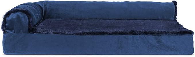 Furhaven Cooling Gel Dog Bed for Medium/Small Dogs w/ Removable Bolsters & Washable Cover, For Dogs Up to 35 lbs - Plush & Velvet L Shaped Chaise - Deep Sapphire, Medium-PawvioPets
