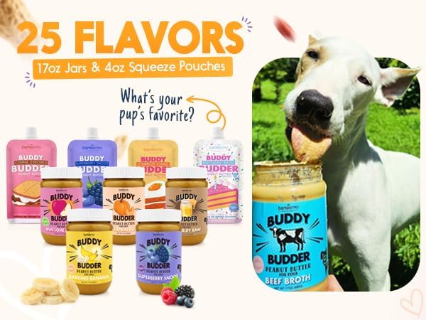 BUDDY BUDDER 6 Pack Mixed Flavor Squeeze Packs, 100% Natural Dog Peanut Butter, Healthy Peanut Butter Dog Treats, Made in USA, (4oz Packs)-PawvioPets