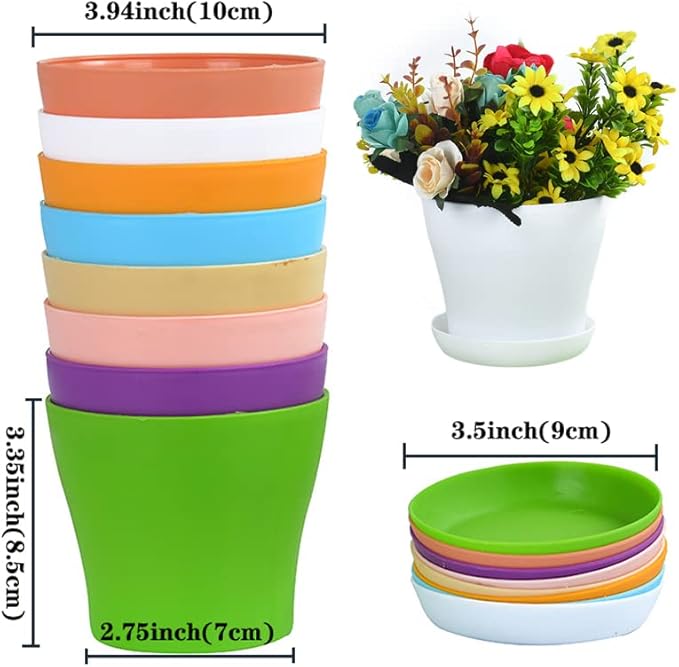 10 Pack 4 Inch Plant Pots Bulk Small Plastic Planters Pots with Drainage Holes Flower Pot for Succulent, Cactus, Herb, African Violet (10pcs-Multicolor, 4Inches)-PawvioPets