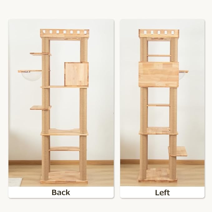 74.8" Wooden Cat Tree Tower for Large Cats, Multi-Level Cat Climbing Furniture with Scratching Posts, Cat Condo & Hammock, Natural Wood Cat Activity Center (Brown)-PawvioPets