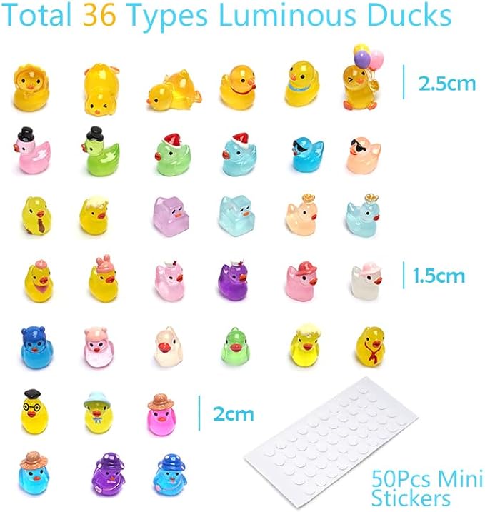 36 Types Luminous Mini Resin Ducks, Plastic Little Ducks to Hide Prank, Small Ducks Figures for Fairy Garden, Dollhouse,Terrariums, Potted, Cake Topper, Miniature Landscape Ornament.-PawvioPets