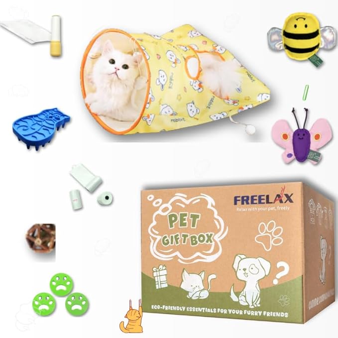 Eco-Friendly Cat Gift Box – 7-Piece Set with Organic Catnip Toys, Feather Wand, Blanket & Pop-Up Cat Cave for Indoor Cats and Kittens-PawvioPets