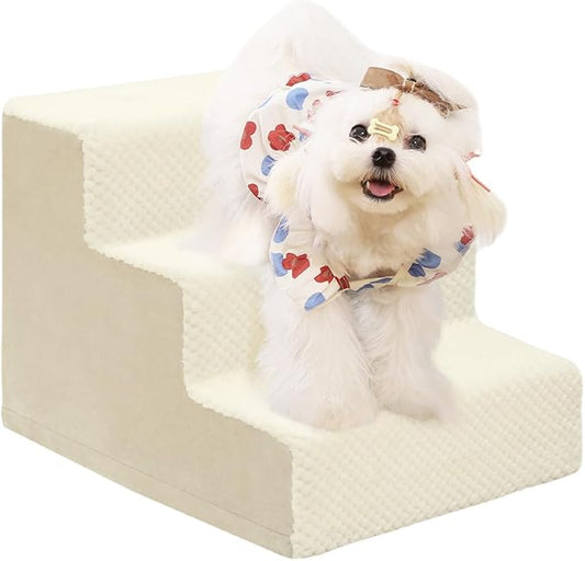Dog Stairs for Small Dogs,13" H,3-Step Dog Steps for High Bed,Couch,Pet Stairs for Dogs and Cats Climbing with Non-Slip Bottom and Washable Cover,Beige-PawvioPets