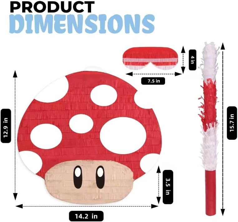 Mushroom Pinatas Bundle with a Blindfold and a Bat(16.5 x 12 x 3.5 Inches), Perfect for kid's Birthday Parties, Mexican Theme Parties, Decorations