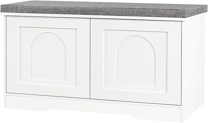 DINZI LVJ Shoe Bench, Entryway Storage Bench with Doors, Cushion, 2-Tier Shoe Rack with 6-Cubby, 31.5”L x 13.8”W Shoe Organizer Cabinet, Adjustable Shelf, Living Room, Bedroom, White-PawvioPets
