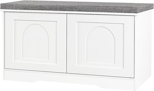 DINZI LVJ Shoe Bench, Entryway Storage Bench with Doors, Cushion, 2-Tier Shoe Rack with 6-Cubby, 31.5”L x 13.8”W Shoe Organizer Cabinet, Adjustable Shelf, Living Room, Bedroom, White-PawvioPets