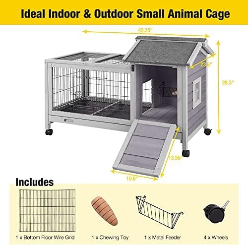 Aivituvin Wooden Rabbit Hutch with Removable Wire Floor Grid, Bunny Cage with Deeper Leakproof Tray 4 Wheels Include-PawvioPets