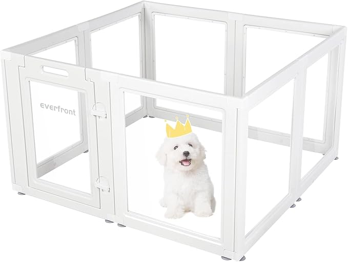 Clear Acrylic Plastic Dog Playpen - Clear Dog Play Pen - Easy Assemble Acrylic Dog Playpen - Puppy Playpen, Cat Playpen, Small Animal Playpen, Dog Play Pen Indoors (White, 23.6“ H, 8PCS)-PawvioPets