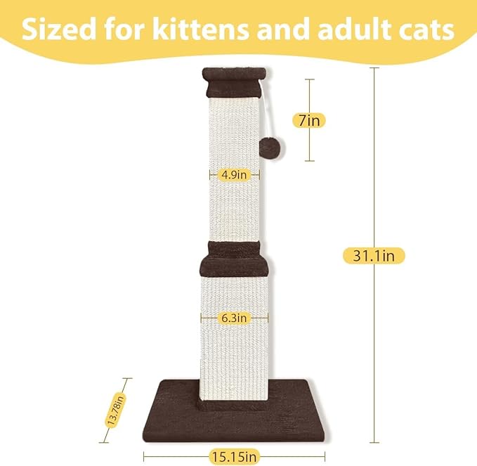 AGYM Cat Scratching Post, 32 Inch Cat Scratch Post for Cats and Kittens, Protect Your Furniture and Exercise Cats, Nature Sisal Modern Cat Scratcher for Indoor Cats, Brown-PawvioPets