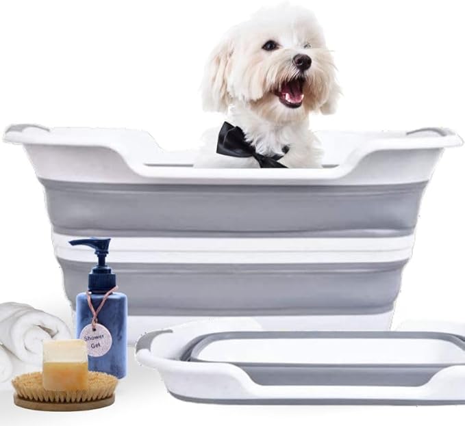 CYGNE Dog Bath Tub with Water Drain Plug, Collapsible Bathtub for Dog Washing and Grooming, Portable Foldable Space Saving Design for Pet Puppy Small Dogs Cats, BPA Free, Gray-PawvioPets
