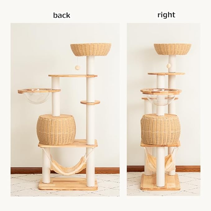 57'' Cat Tower for Large Cats, Manual Hand Woven Modern Multi-Level Condo with Natural Wood, Cat Activity Centre for Medium and Big Pets-PawvioPets