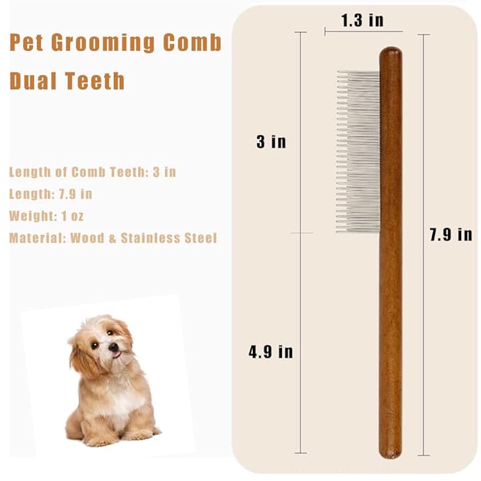 Dog Cat Comb with Solid Wood Handle Stainless Steel Teeth, Professional Pet Grooming Supplies Accessories Perfect for Honghair Hairy Pets-PawvioPets