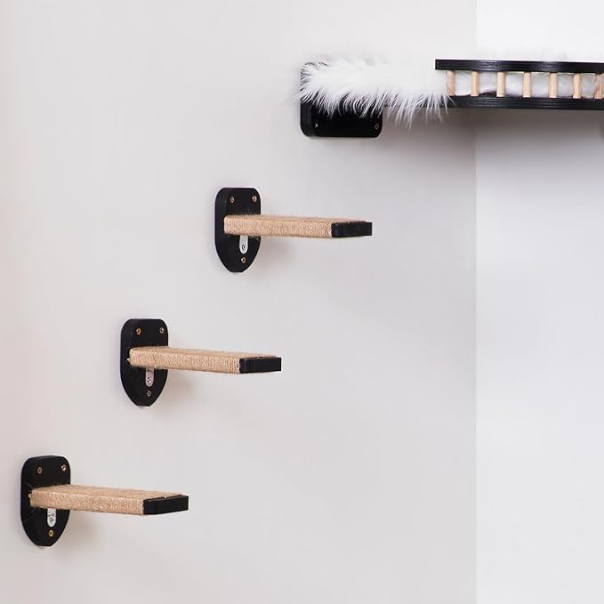 3-in-1 Cat Wall Steps - Climbing Wall Furniture & Shelves with Hemp Rope, Solid Wood Cat Ladder (Standard-Black)-PawvioPets