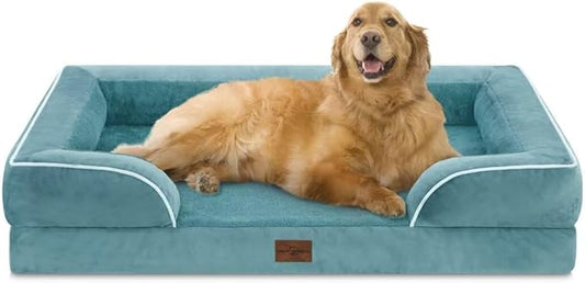 Comfort Expression Orthopedic Foam XL Dog Beds Waterproof, Extra Large Dog Bed with Bolster, Washable Pet Sofa Couch with Removable Cover & Non-Slip Bottom(X-Large,Washed Blue)-PawvioPets