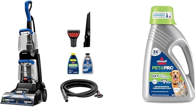 BISSELL TurboClean Pet XL Upright Carpet Cleaner, Upholstery Tough Stain Tool & Formula included, 3746 + Bissell Professional Pet Urine Elimator with Oxy and Febreze Carpet Cleaner Shampoo 48 Ounce-PawvioPets
